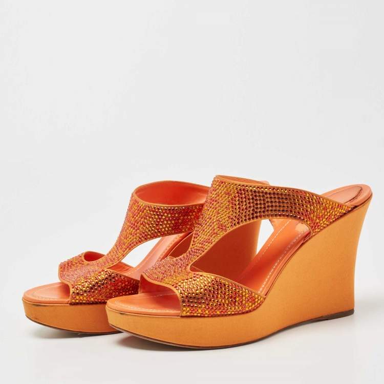 Pre Owned René Caovilla Orange Satin Crystal Embellished Wedge Slides Size 41