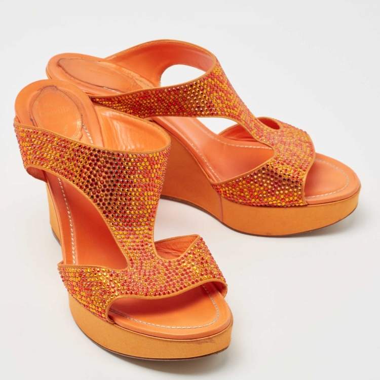 Pre Owned René Caovilla Orange Satin Crystal Embellished Wedge Slides Size 41