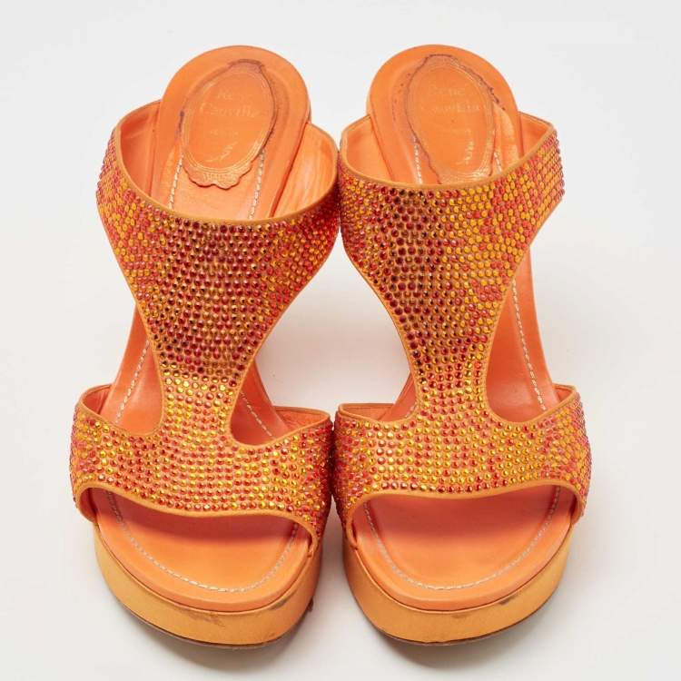 Pre Owned René Caovilla Orange Satin Crystal Embellished Wedge Slides Size 41