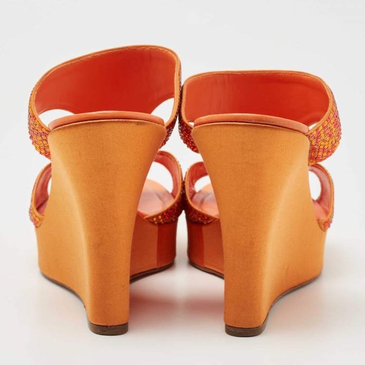Pre Owned René Caovilla Orange Satin Crystal Embellished Wedge Slides Size 41