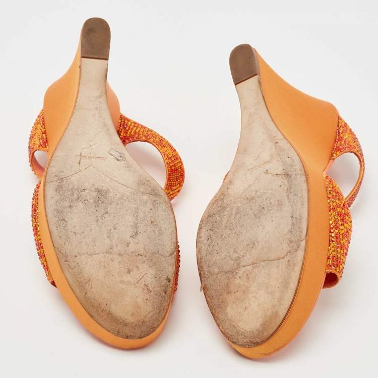 Pre Owned René Caovilla Orange Satin Crystal Embellished Wedge Slides Size 41