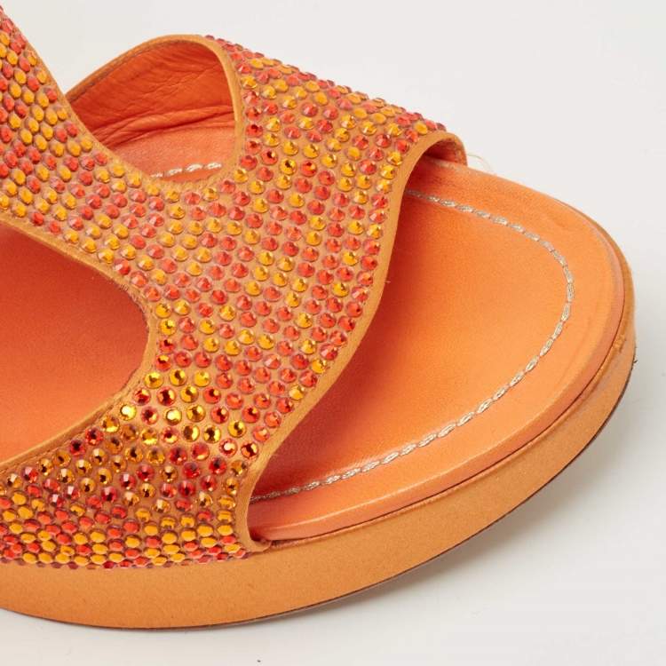 Pre Owned René Caovilla Orange Satin Crystal Embellished Wedge Slides Size 41
