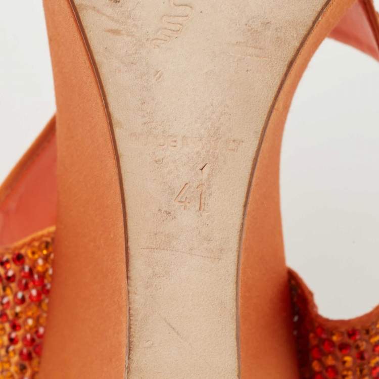 Pre Owned René Caovilla Orange Satin Crystal Embellished Wedge Slides Size 41