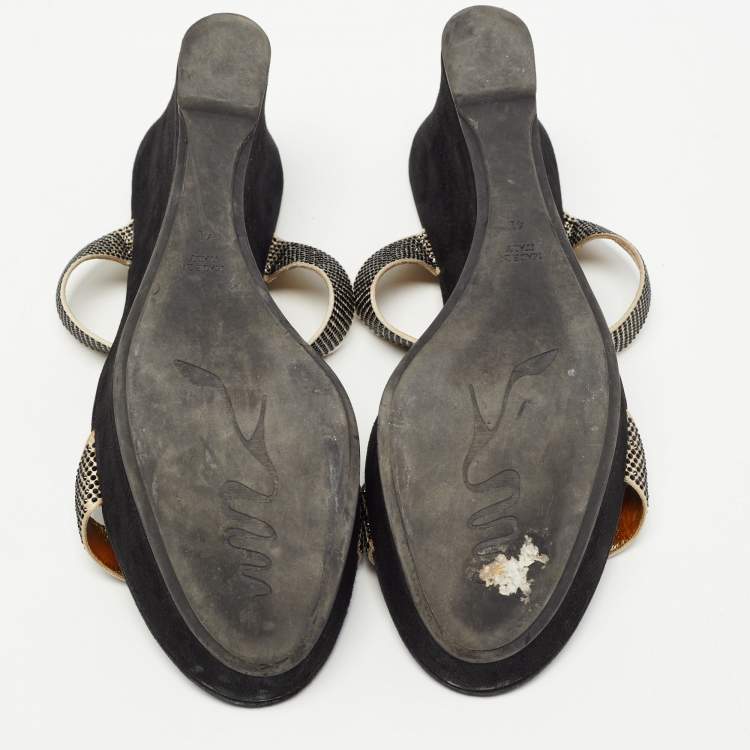 Pre Owned René Caovilla Gold/Black Crystal Embellished Satin Platform Wedge Slide Sandals Size 41