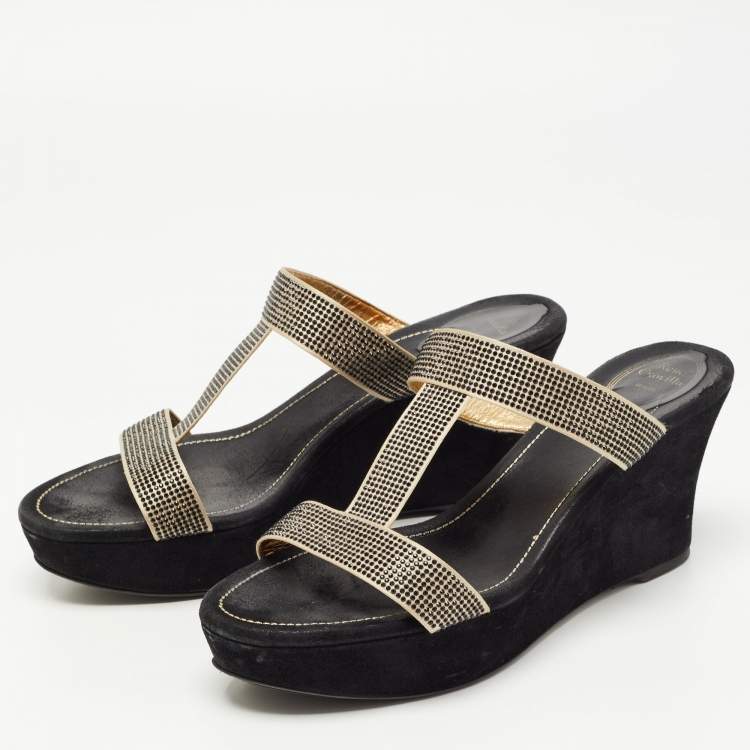 Pre Owned René Caovilla Gold/Black Crystal Embellished Satin Platform Wedge Slide Sandals Size 41