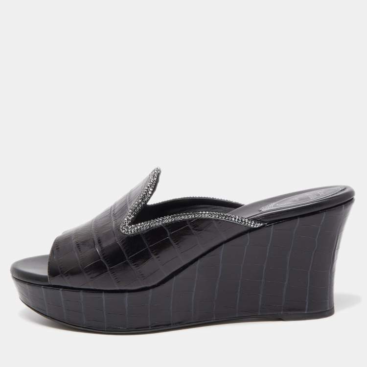 Pre Owned René Caovilla Black Croc Embossed Leather Crystal Embellished Platform Wedge Slide Sandals Size 40