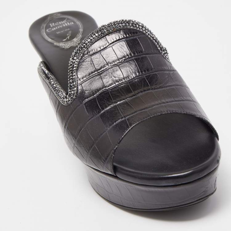 Pre Owned René Caovilla Black Croc Embossed Leather Crystal Embellished Platform Wedge Slide Sandals Size 40