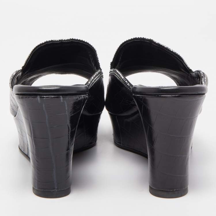 Pre Owned René Caovilla Black Croc Embossed Leather Crystal Embellished Platform Wedge Slide Sandals Size 40