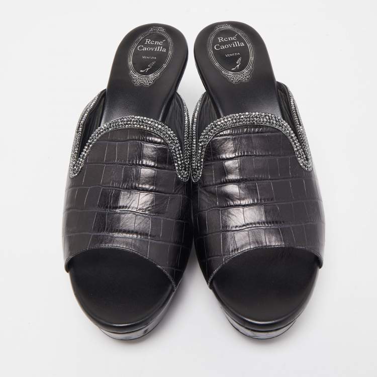 Pre Owned René Caovilla Black Croc Embossed Leather Crystal Embellished Platform Wedge Slide Sandals Size 40