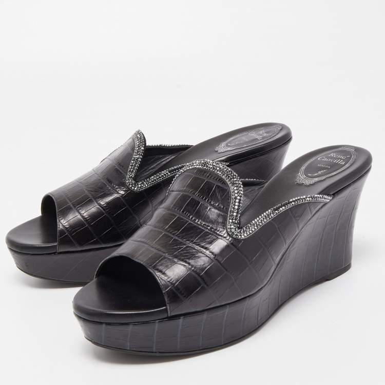 Pre Owned René Caovilla Black Croc Embossed Leather Crystal Embellished Platform Wedge Slide Sandals Size 40