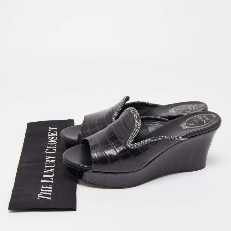 Pre Owned René Caovilla Black Croc Embossed Leather Crystal Embellished Platform Wedge Slide Sandals Size 40