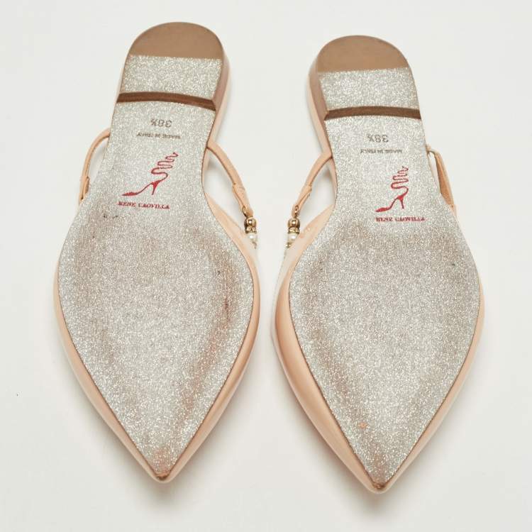 Pre Owned Renè Caovilla Beige Patent Leather Pearl Embellished Pointed Toe Flat Slides Size 38.5