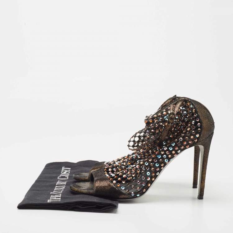 Pre Owned René Caovilla Brown Leather and Lace Galaxia jewelled Ankle Strap Sandals Size 38.5