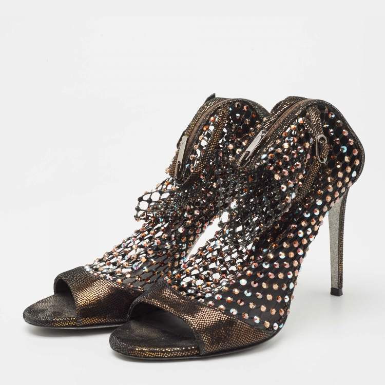 Pre Owned René Caovilla Brown Leather and Lace Galaxia jewelled Ankle Strap Sandals Size 38.5