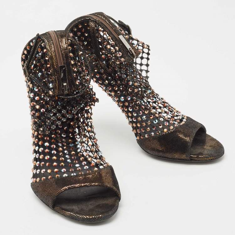 Pre Owned René Caovilla Brown Leather and Lace Galaxia jewelled Ankle Strap Sandals Size 38.5