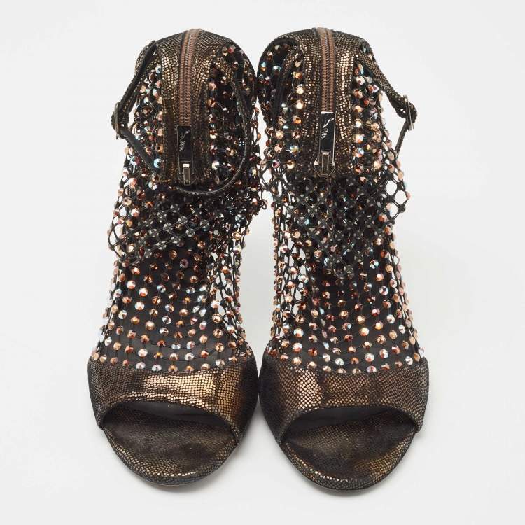 Pre Owned René Caovilla Brown Leather and Lace Galaxia jewelled Ankle Strap Sandals Size 38.5