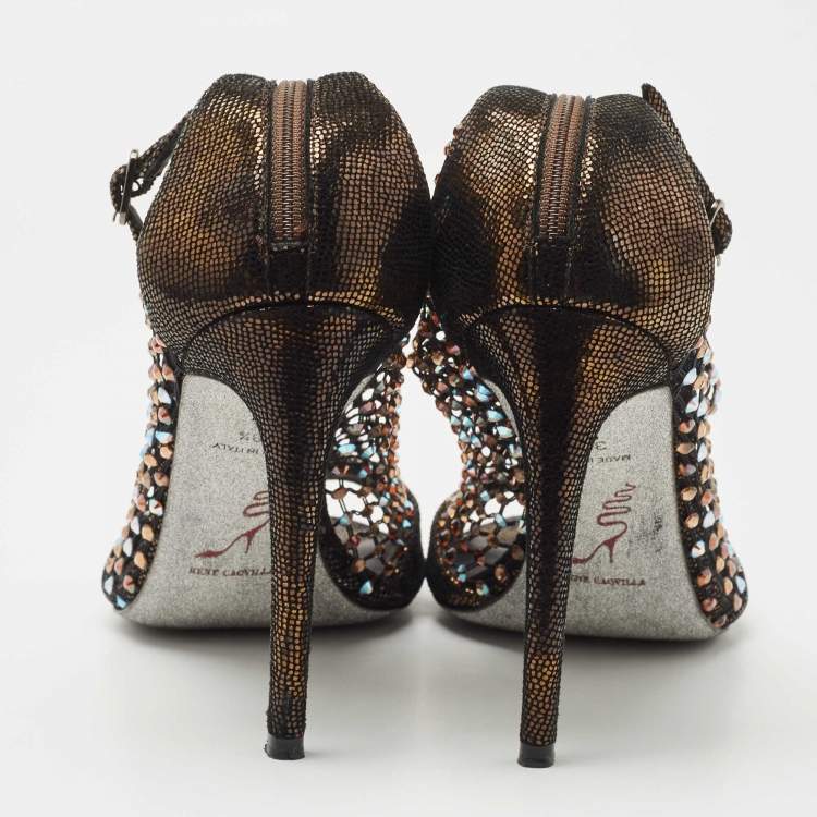 Pre Owned René Caovilla Brown Leather and Lace Galaxia jewelled Ankle Strap Sandals Size 38.5
