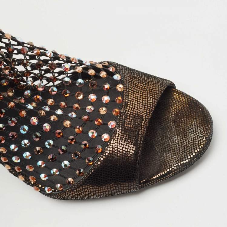 Pre Owned René Caovilla Brown Leather and Lace Galaxia jewelled Ankle Strap Sandals Size 38.5