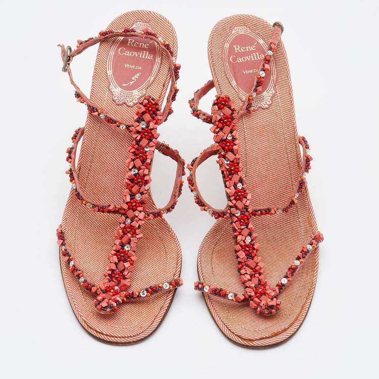 Pre Owned René Caovilla Peach Beaded Fabric Ankle-Strap Sandals Size 36.5