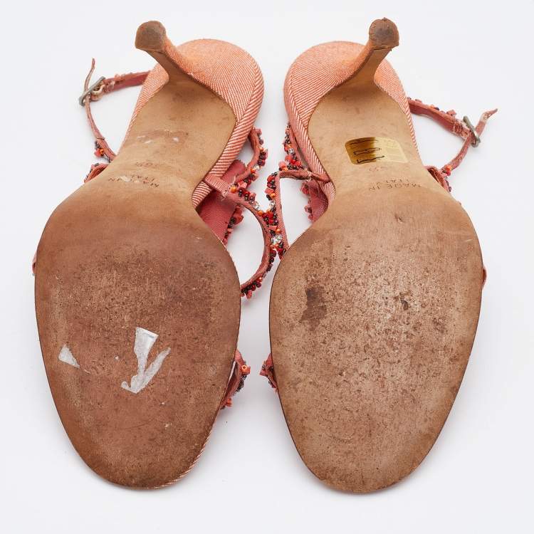 Pre Owned René Caovilla Peach Beaded Fabric Ankle-Strap Sandals Size 36.5