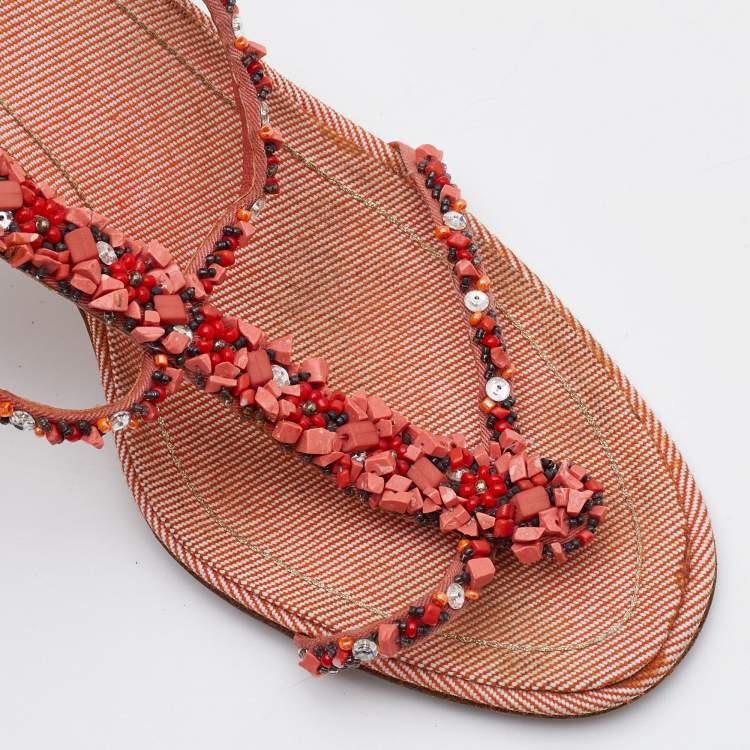 Pre Owned René Caovilla Peach Beaded Fabric Ankle-Strap Sandals Size 36.5