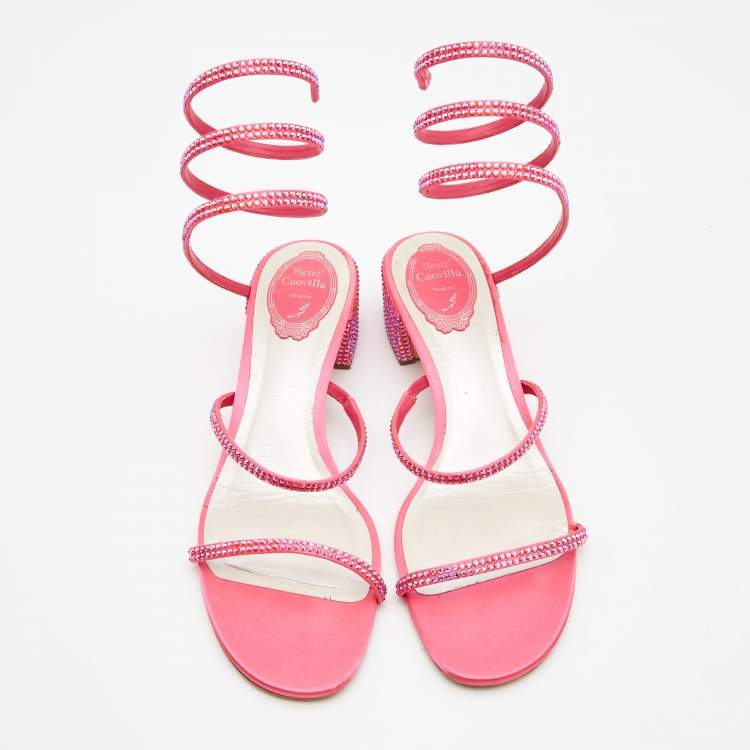 Pre Owned René Caovilla Pink Crystal Embellished Satin Cleo Ankle Wrap Sandals Size 39
