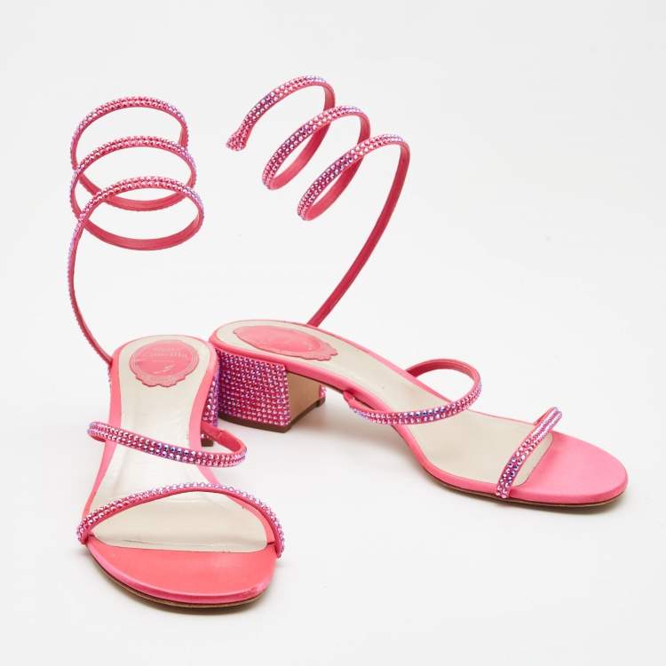 Pre Owned René Caovilla Pink Crystal Embellished Satin Cleo Ankle Wrap Sandals Size 39