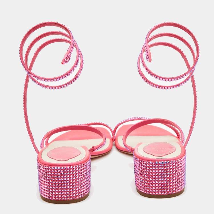 Pre Owned René Caovilla Pink Crystal Embellished Satin Cleo Ankle Wrap Sandals Size 39