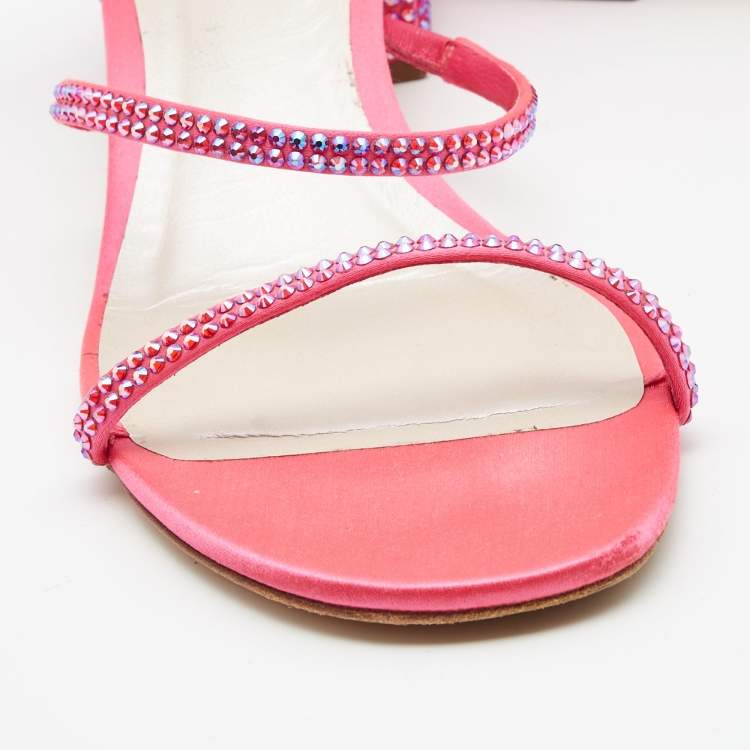 Pre Owned René Caovilla Pink Crystal Embellished Satin Cleo Ankle Wrap Sandals Size 39