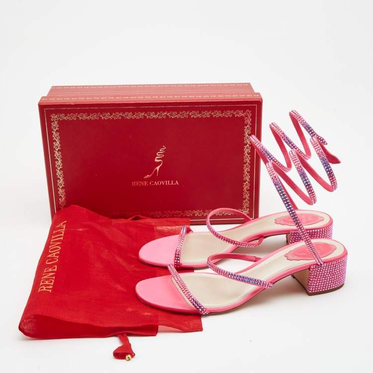 Pre Owned René Caovilla Pink Crystal Embellished Satin Cleo Ankle Wrap Sandals Size 39