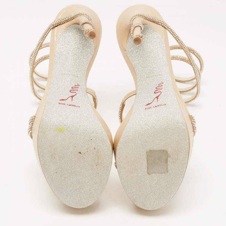 Pre Owned René Caovilla Beige Crystal Embellished Satin Margot platform Ankle Wrap Sandals Size 38