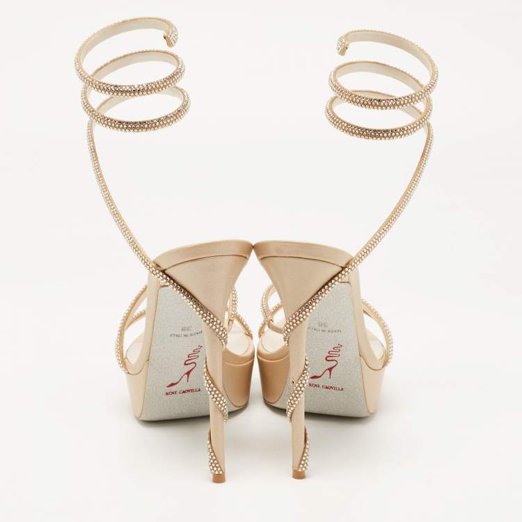 Pre Owned René Caovilla Beige Crystal Embellished Satin Margot platform Ankle Wrap Sandals Size 38