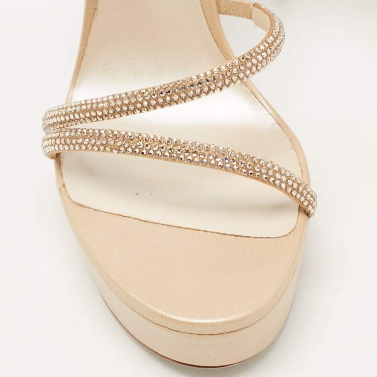 Pre Owned René Caovilla Beige Crystal Embellished Satin Margot platform Ankle Wrap Sandals Size 38