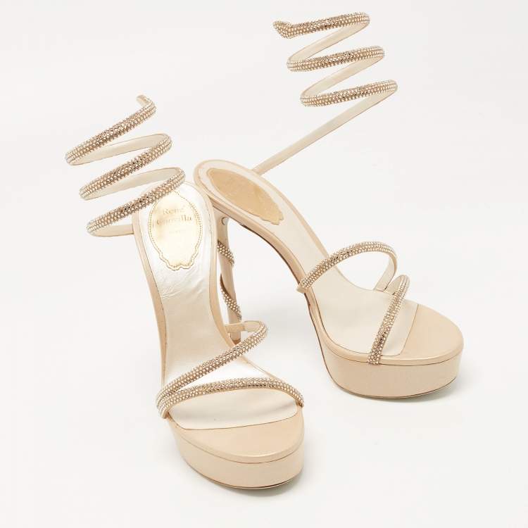 Pre Owned René Caovilla Beige Crystal Embellished Satin Margot platform Ankle Wrap Sandals Size 38