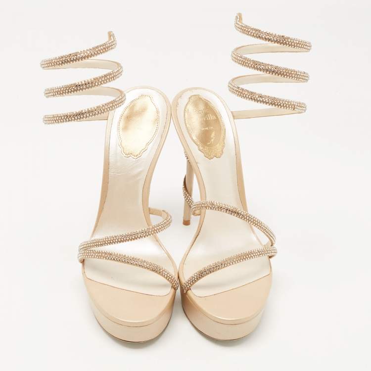 Pre Owned René Caovilla Beige Crystal Embellished Satin Margot platform Ankle Wrap Sandals Size 38