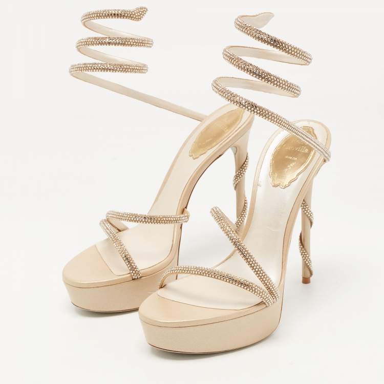 Pre Owned René Caovilla Beige Crystal Embellished Satin Margot platform Ankle Wrap Sandals Size 38