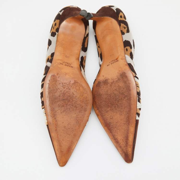 Pre Owned René Caovilla Brown Leopard Print Fabric and Suede Knotted Pointed Toe Pumps Size 38
