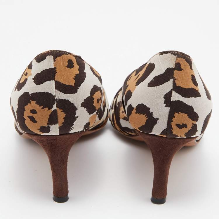 Pre Owned René Caovilla Brown Leopard Print Fabric and Suede Knotted Pointed Toe Pumps Size 38
