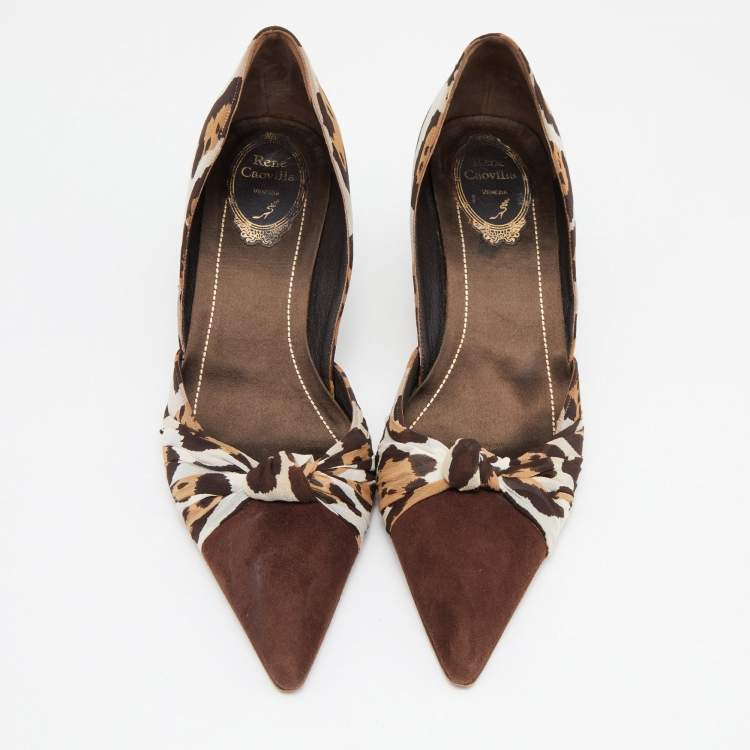 Pre Owned René Caovilla Brown Leopard Print Fabric and Suede Knotted Pointed Toe Pumps Size 38