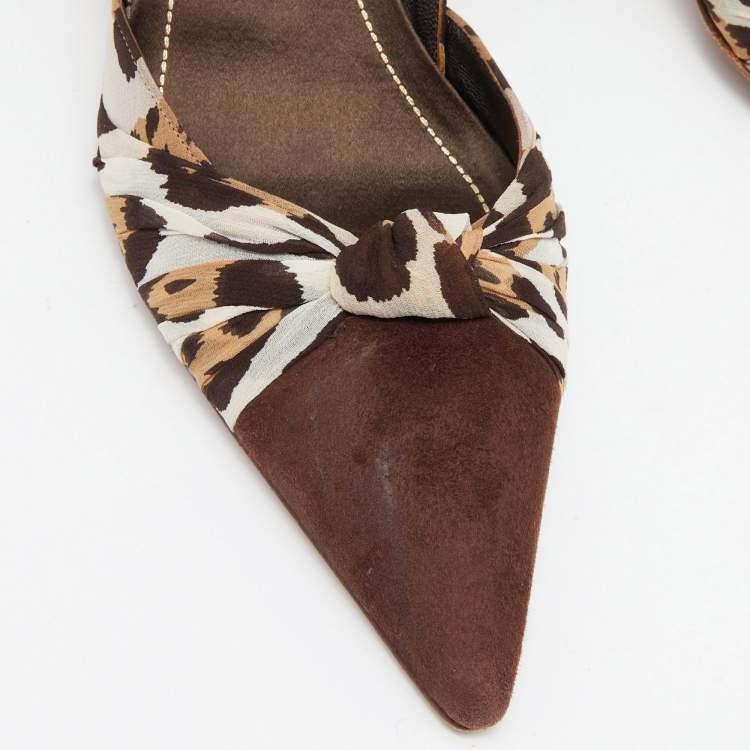 Pre Owned René Caovilla Brown Leopard Print Fabric and Suede Knotted Pointed Toe Pumps Size 38