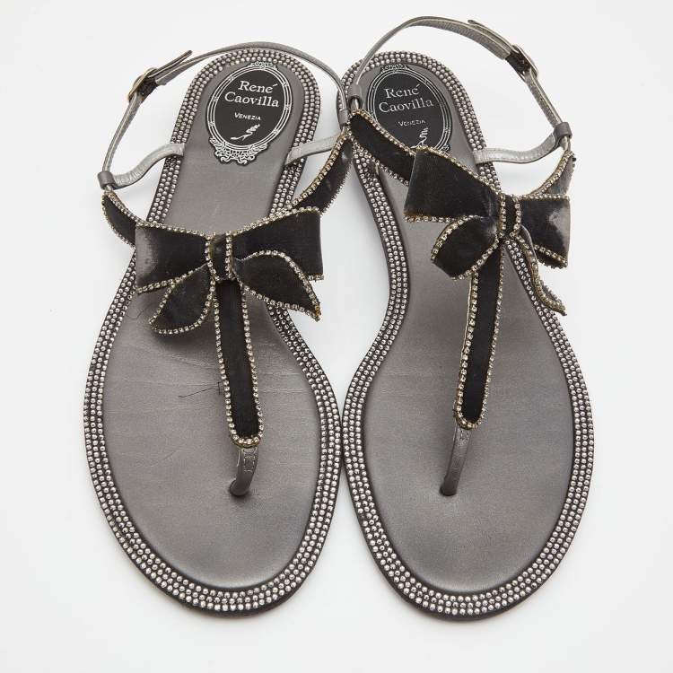 Pre Owned René Caovilla Grey Satin Crystal Embellished Slingback Flats Size 39