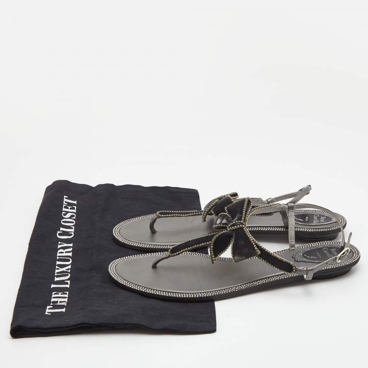 Pre Owned René Caovilla Grey Satin Crystal Embellished Slingback Flats Size 39