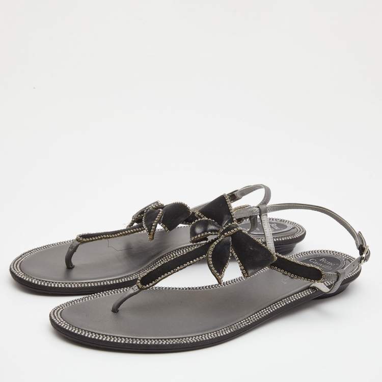 Pre Owned René Caovilla Grey Satin Crystal Embellished Slingback Flats Size 39