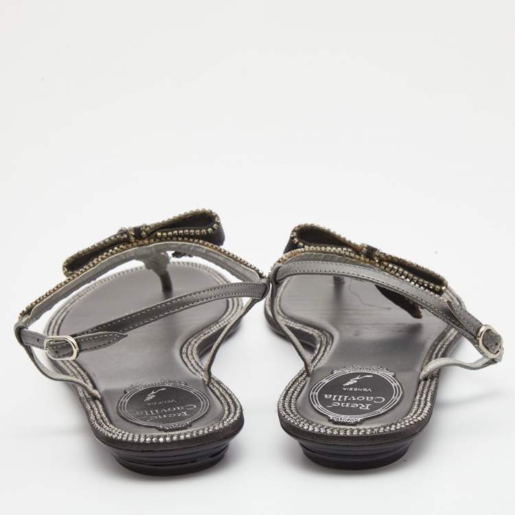 Pre Owned René Caovilla Grey Satin Crystal Embellished Slingback Flats Size 39