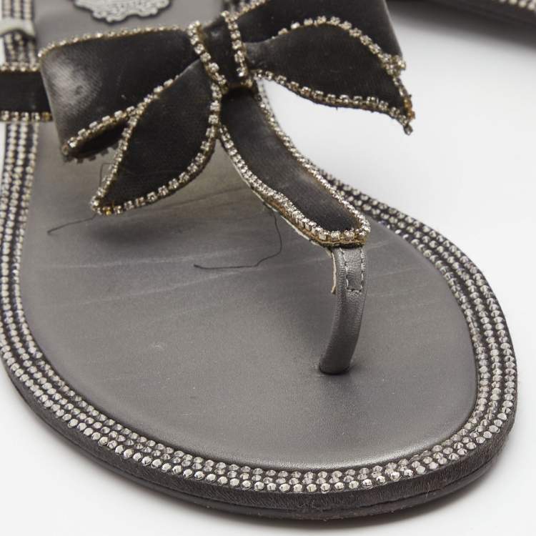 Pre Owned René Caovilla Grey Satin Crystal Embellished Slingback Flats Size 39