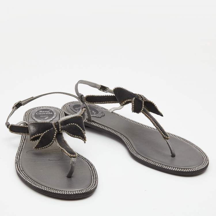 Pre Owned René Caovilla Grey Satin Crystal Embellished Slingback Flats Size 39