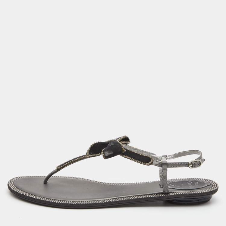 Pre Owned René Caovilla Grey Satin Crystal Embellished Slingback Flats Size 39