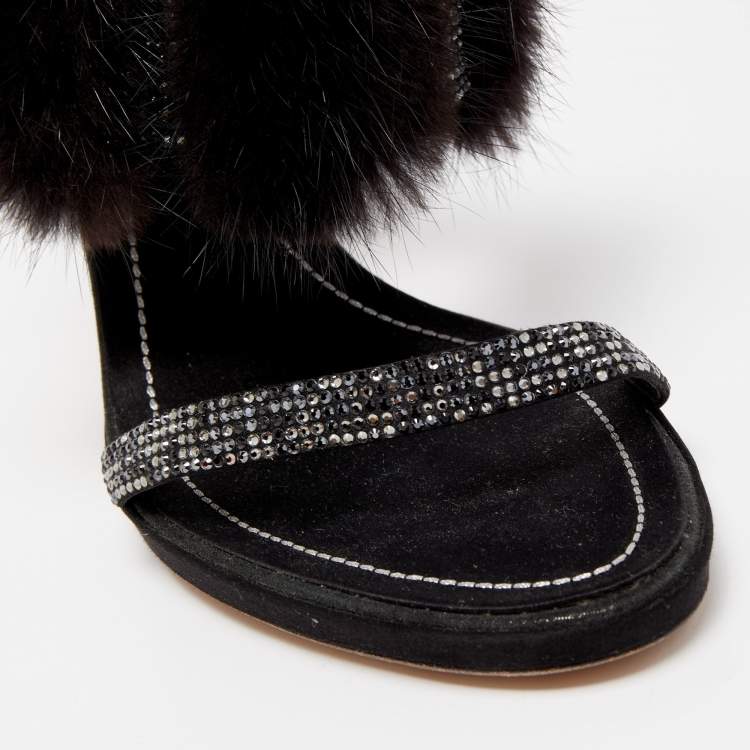 Pre Owned René Caovilla Black Crystal Embellished Satin and Fur Slide Sandals Size 41 