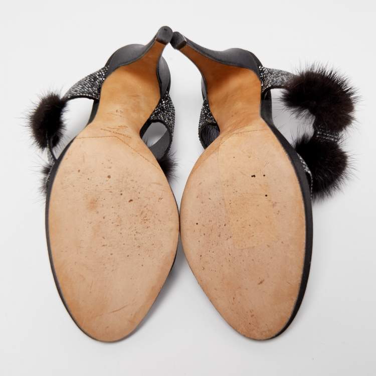 Pre Owned René Caovilla Black Crystal Embellished Satin and Fur Slide Sandals Size 41 