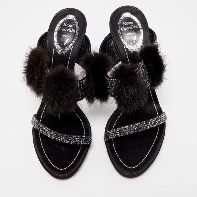 Pre Owned René Caovilla Black Crystal Embellished Satin and Fur Slide Sandals Size 41 